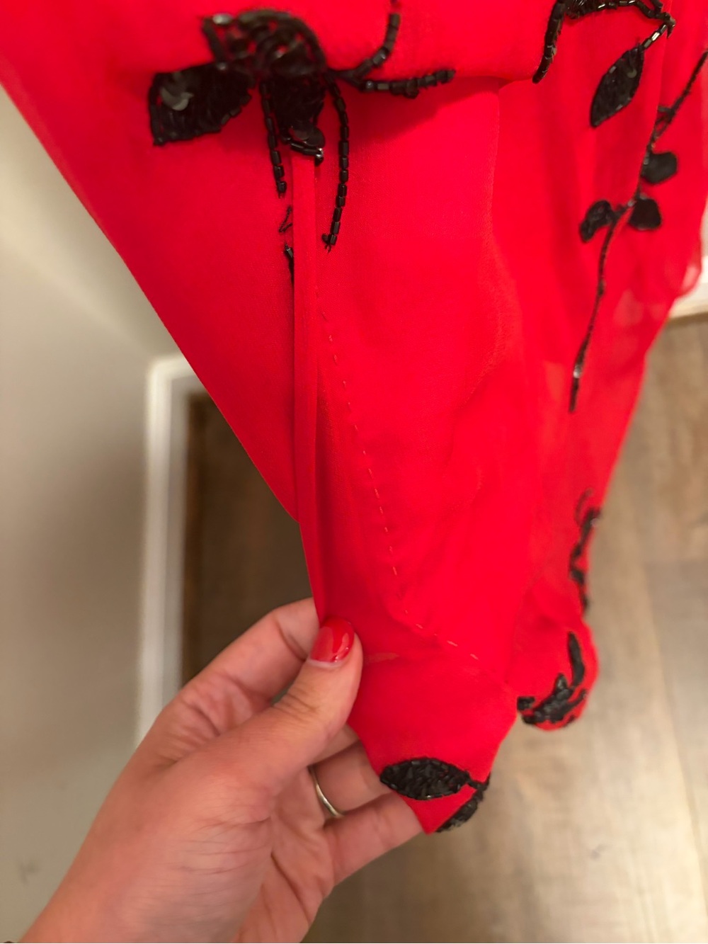 Vintage Cache Size 2 Red Black Beaded Sequin Silk Strapless Gown Maxi Dress Y2K - Picture 4 of 16